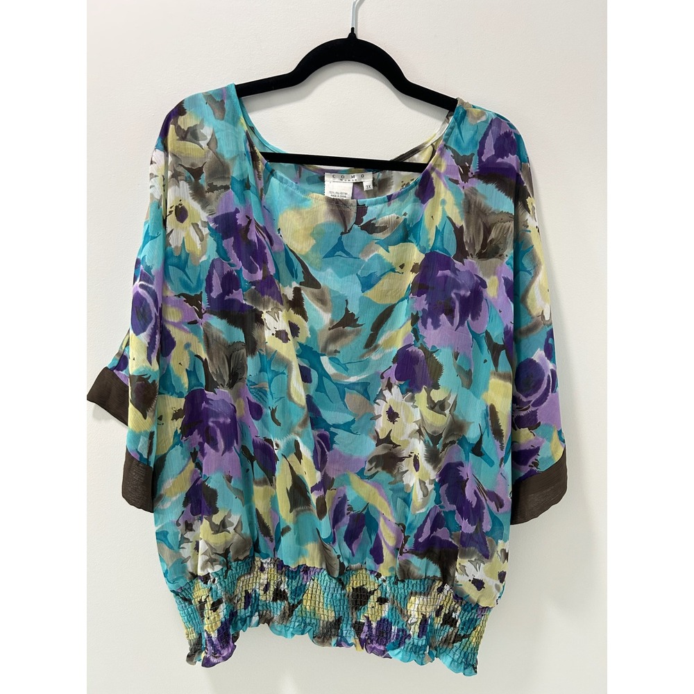 Como Woman Floral Chiffon Blouse 3X Turquoise Purple Smocked Hem Watercolor